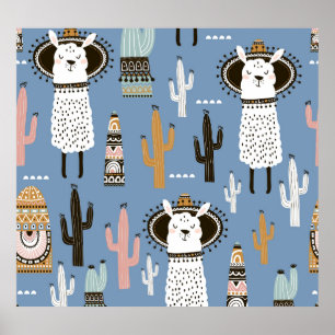 Affiche Llama, Cactus, Motif d'éléments à main.