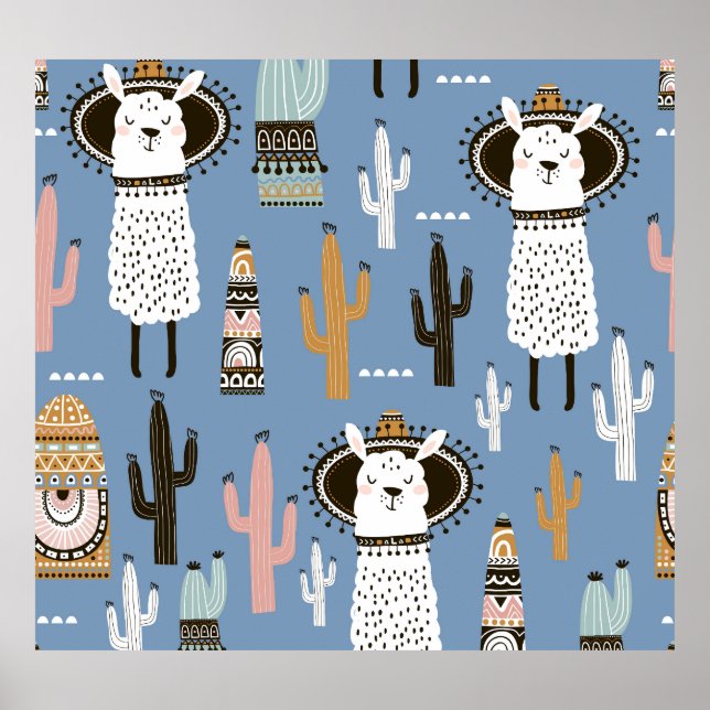 Affiche Llama, Cactus, Motif d'éléments à main. (Devant)