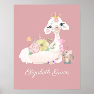 Affiche Llama rose et blanc avec Fleurs Fille