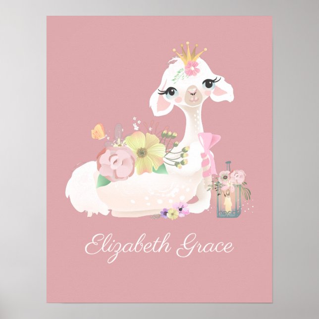 Affiche Llama rose et blanc avec Fleurs Fille (Devant)