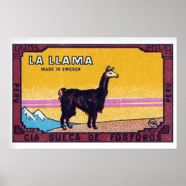Affiche Llama Standing Peru 1920s-30s Matchbox Label (Devant)