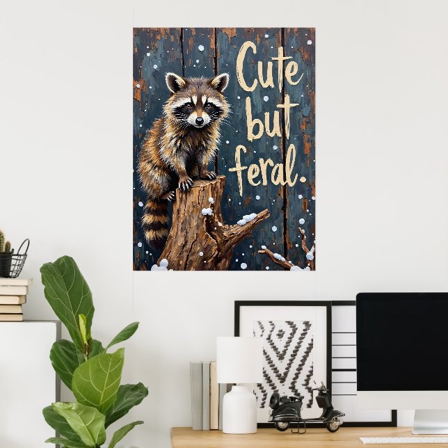 Affiche L'observateur d'hiver : Raccoon sur la souche (Bureau à domicile)