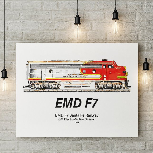 Affiche Locomotive diesel EMD F7 Santa Fe Warbonnet. (EMD F7 Santa Fe Warbonnet Diesel Locomotive. Poster)