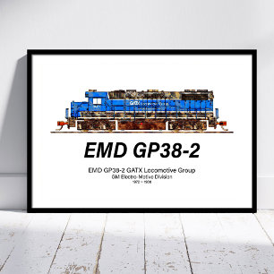 Affiche Locomotive diesel EMD GP38-2 bleu et blanc GATX