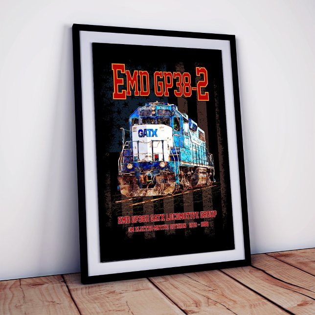 Affiche Locomotive diesel EMD GP38-2 et drapeau américain (EMD GP38-2 Diesel Locomotive and American flag. Framed Art)