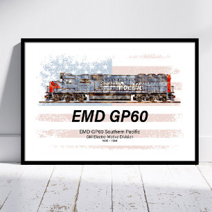 Affiche Locomotive diesel EMD GP60 et drapeau américain
