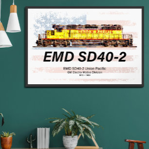 Affiche Locomotive diesel EMD SD40-2. Drapeau américain