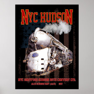 Affiche Locomotive Hudson Dreyfuss NYC. Drapeau américain