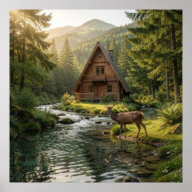 Affiche Log Cabin, Stream, Mountains and Deer Nature Art (Devant)