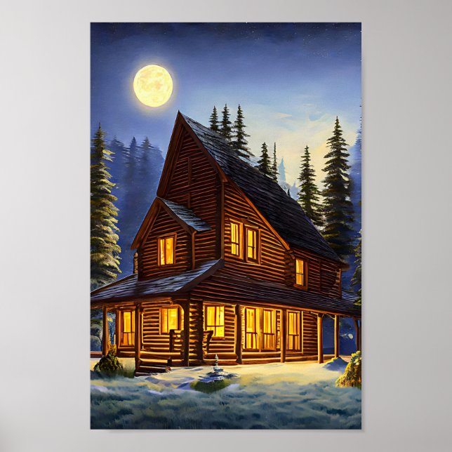 Affiche Log Cabine Dans Les Bois Paysage Neige Art (Devant)