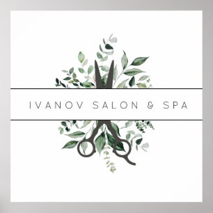Affiche Logo de ciseaux de salon de feuillage moderne