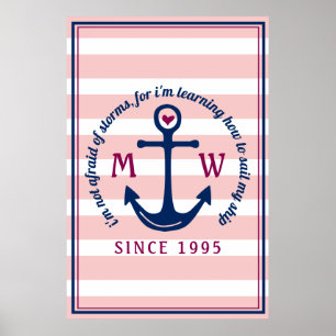 Affiche Logo de monogramme nautique à rayures roses et anc