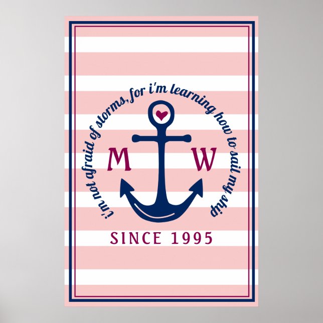 Affiche Logo de monogramme nautique à rayures roses et anc (Devant)