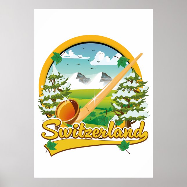Affiche logo de voyage rétro alphorn Suisse (Devant)