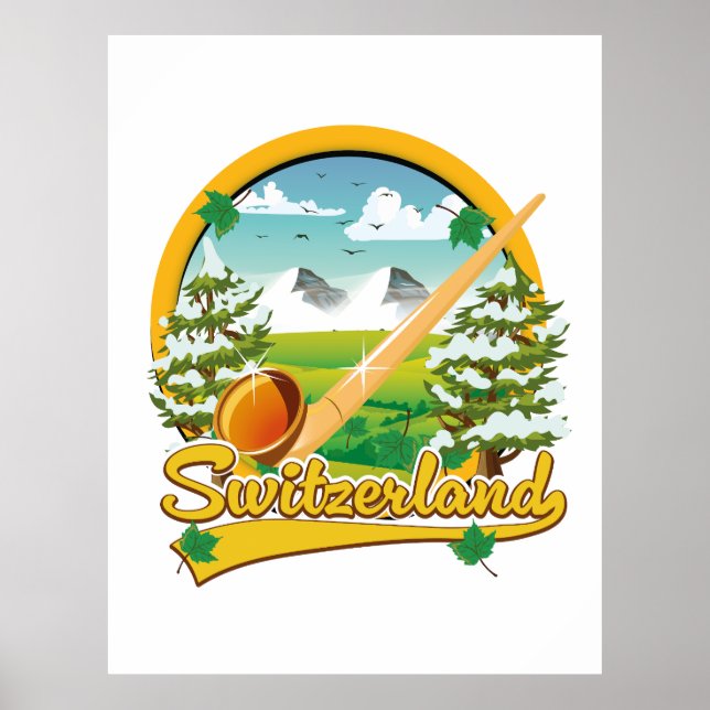 Affiche logo de voyage rétro alphorn Suisse (Devant)