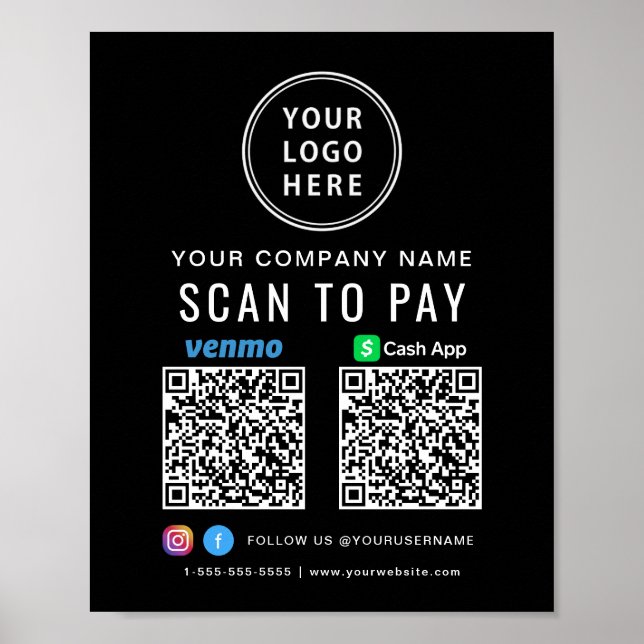 Affiche Logo Scan to Pay Codes QR Black CashApp Venmo (Devant)