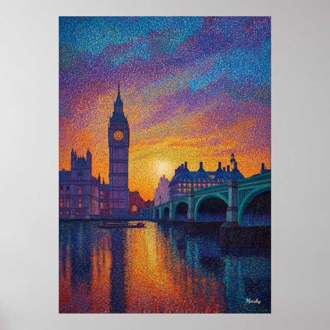 Affiche London Big Ben Pointillism Skyline Sunset Art (Devant)