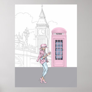 Affiche London City Girl with Pink Phone Box Canvas Imprim