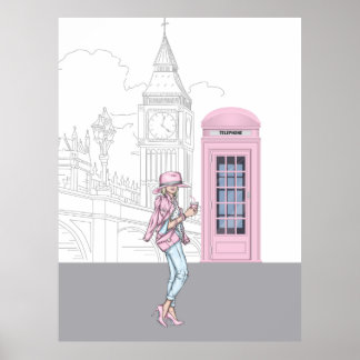 Affiche London City Girl with Pink Phone Box Canvas Imprim
