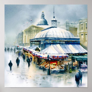 Affiche London-Greenwich Market in the Snow (D), Aquarelle