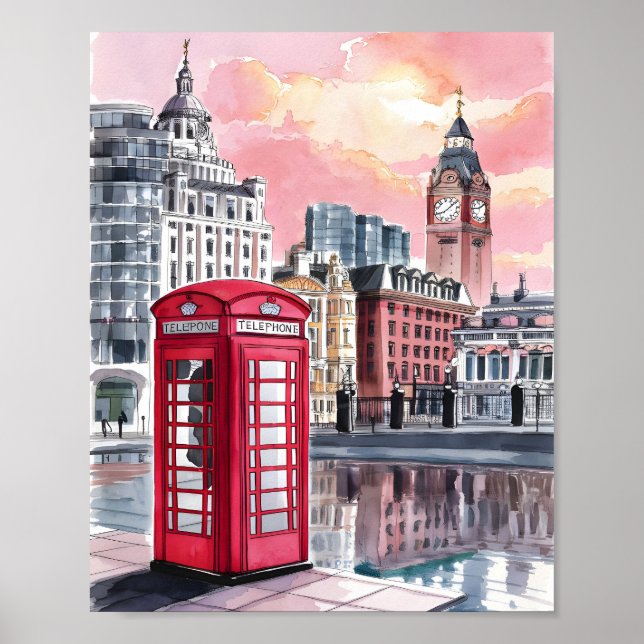 Affiche London Telephone Booth Watercolor (Devant)