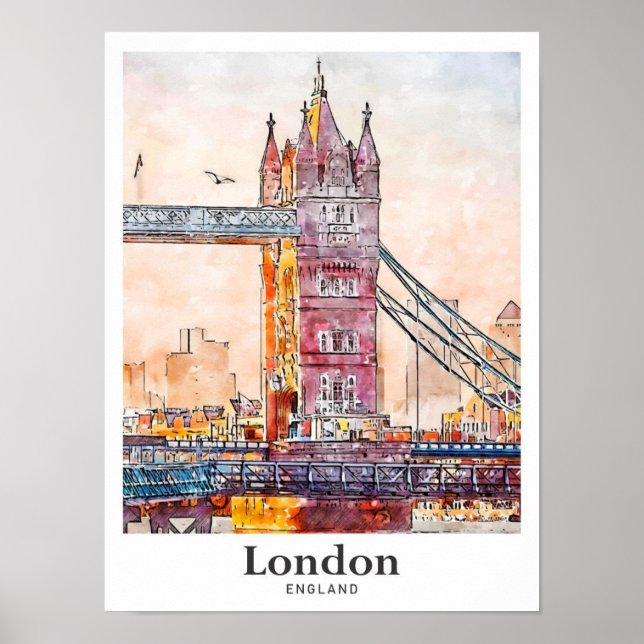 Affiche Londres Angleterre Voyage Aquarelle main tiré (Devant)