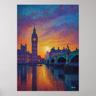 Affiche Londres Big Ben Pointillisme Skyline Coucher de so