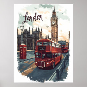 Affiche Londres Cityscape avec bus à impériale et Big Ben