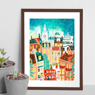 Affiche Londres illustrative en ville à Noël sous la neige