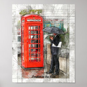 Affiche Londres Pluie comme d'habitude Crayon dessiné
