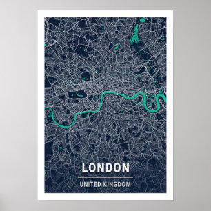 Affiche Londres - Royaume-Uni Carte de la ville bleue somb