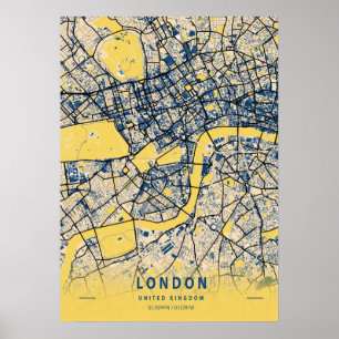 Affiche Londres - Royaume-Uni Carte de la ville jaune