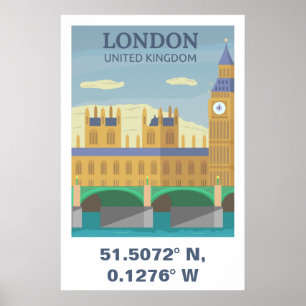 Affiche Londres Royaume-Uni Coordonnées de voyage vintage
