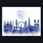 Affiche Londres Skyline - Aquarelle bleue<br><div class="desc">London Skyline Watercolor Splash Blue par Fab Funky. Il présente des sites célèbres de Londres dans un style aquarelle.</div>