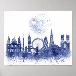 Affiche Londres Skyline - Aquarelle bleue