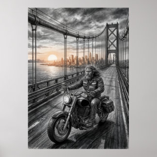 Affiche  Lone Biker Crosses Suspension Bridge City Skyline