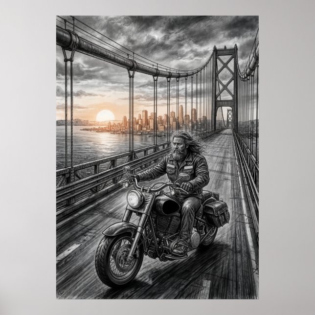 Affiche  Lone Biker Crosses Suspension Bridge City Skyline (Devant)