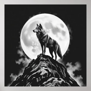 Affiche Lone Howl : Wolf et Pleine lune Charcoal Art