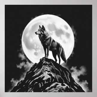 Affiche Lone Howl : Wolf et Pleine lune Charcoal Art