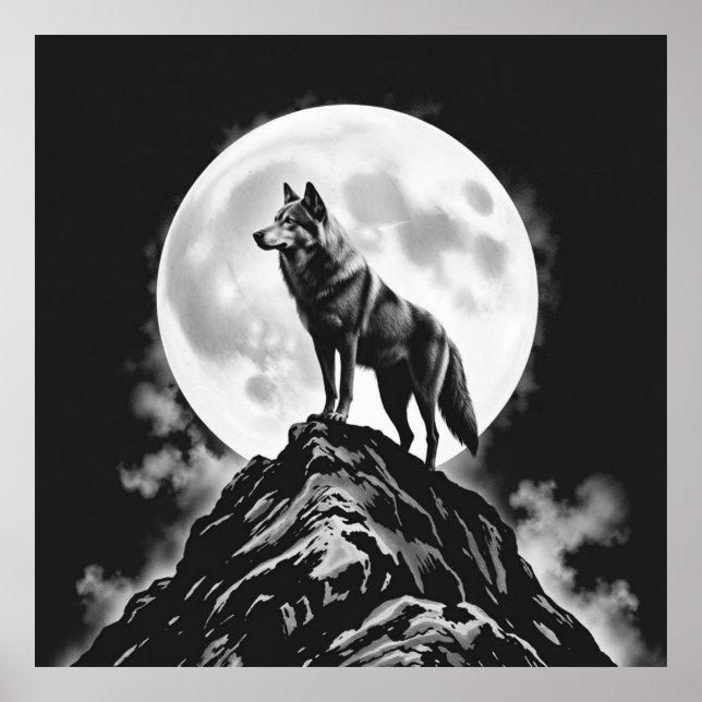 Affiche Lone Howl : Wolf et Pleine lune Charcoal Art (Devant)