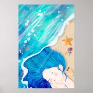 Affiche Long Angel Aux Cheveux Bleus Dormir Sur La Plage