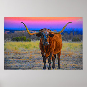 Affiche Longhorn au coucher du soleil