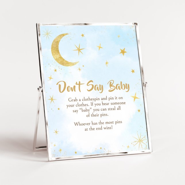 Affiche L'or bleu sur le Baby shower de la lune Ne dites p (Moon and Stars Baby Shower Don't Say Baby Sign)