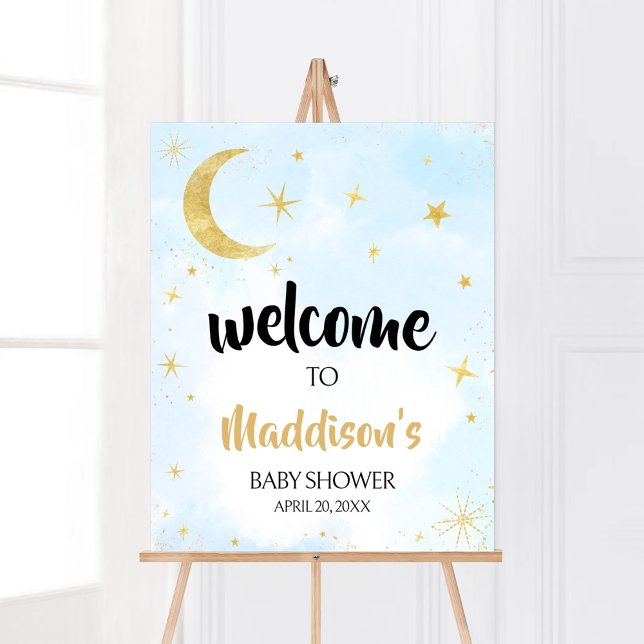 Affiche L'or bleu sur le Baby shower Lune Bienvenue (Moon and Stars Baby Shower Welcome Sign)