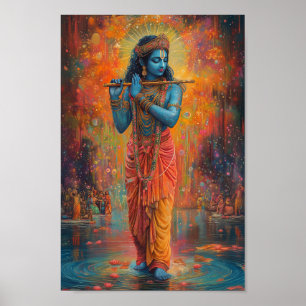 Affiche Lord Krishna jouant de l'Art bleu orange flûte