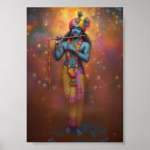 Affiche Lord Krishna Pastel Rainbow Fireworks Art hindou