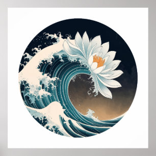 Affiche Lotus blanc et vague océanique - Élégance en mouve