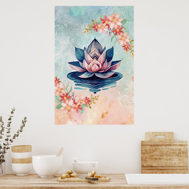 Affiche Lotus de pureté rose vert décoratif (Cuisine)