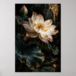 Affiche Lotus Fleur Rose Pâle avec Accents Dorés Botanique