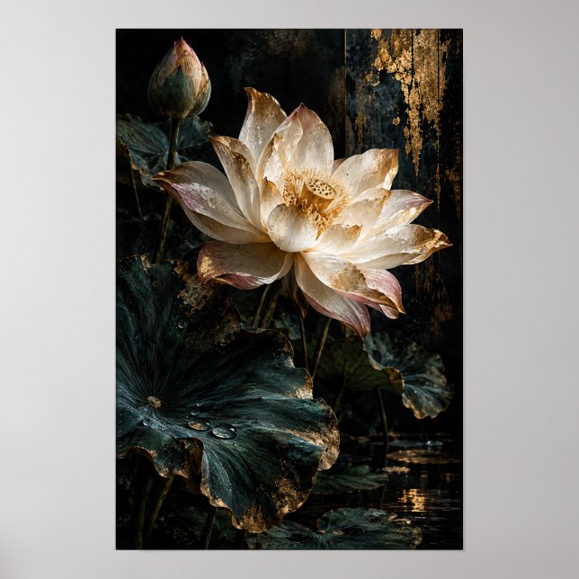 Affiche Lotus Fleur Rose Pâle avec Accents Dorés Botanique (Devant)